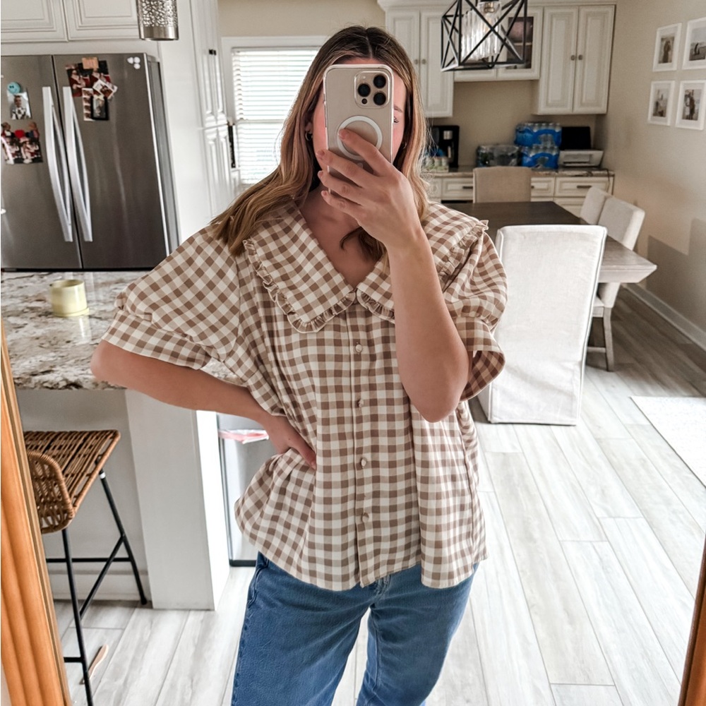 Roolee Gingham Ruffle Collar Button Front Blouse … - image 1